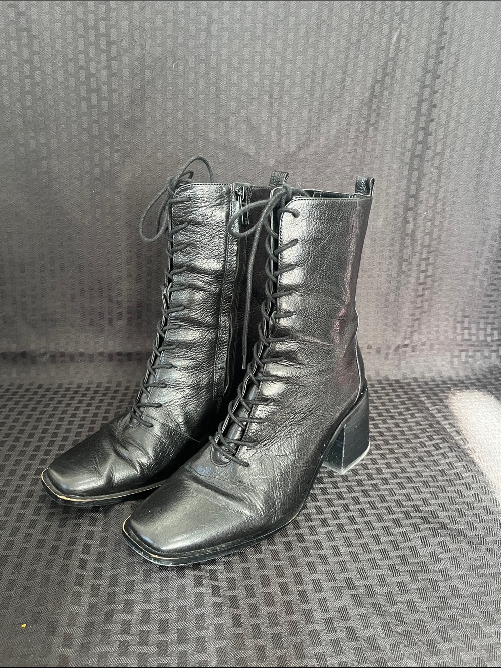 Sam Edelman Black Lace-Up Mid-Calf Block Heel Boots